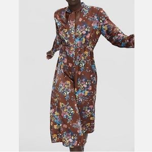 USED ZARA Brown Floral Satin V-Neck Bow Collar Long Sleeve Midi Dress